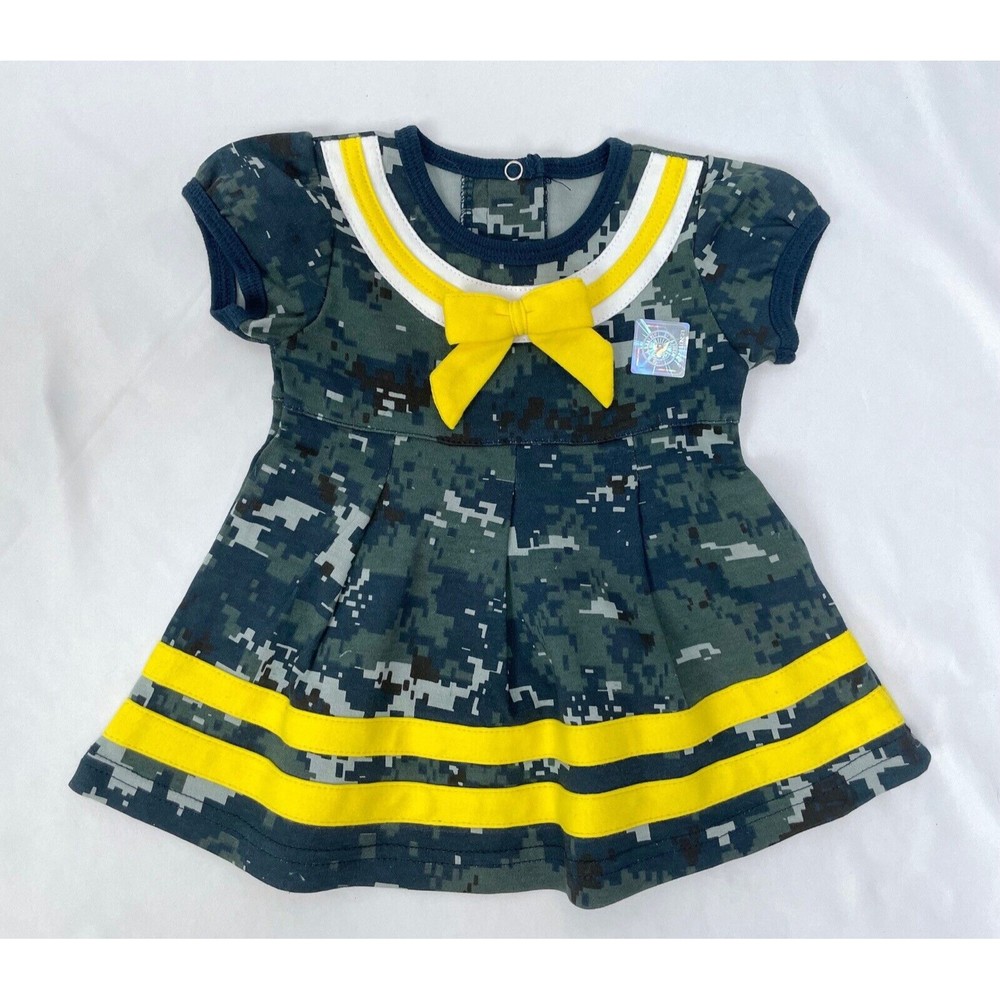 Tiny Trooper Baby Girl 0-3M Military Dress Green Camo Yellow Short Sleeves